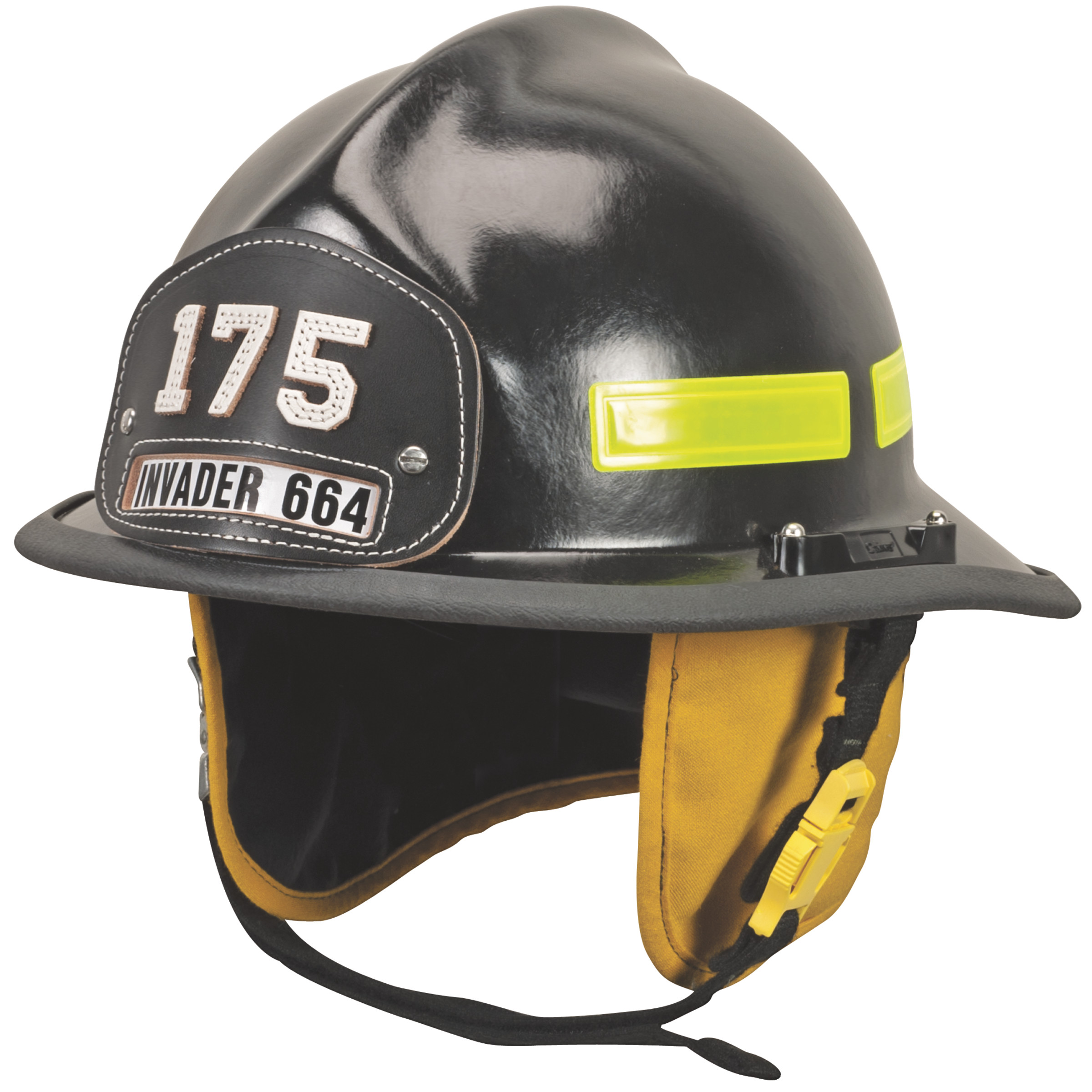 Cairns 664 w/ Defender, Black, Standard Flannel Liner, Nomex Earlap, Nomex Chinstrap w/ Quick Release & Postman Slide, Lime/Yellow Reflexite, Bar